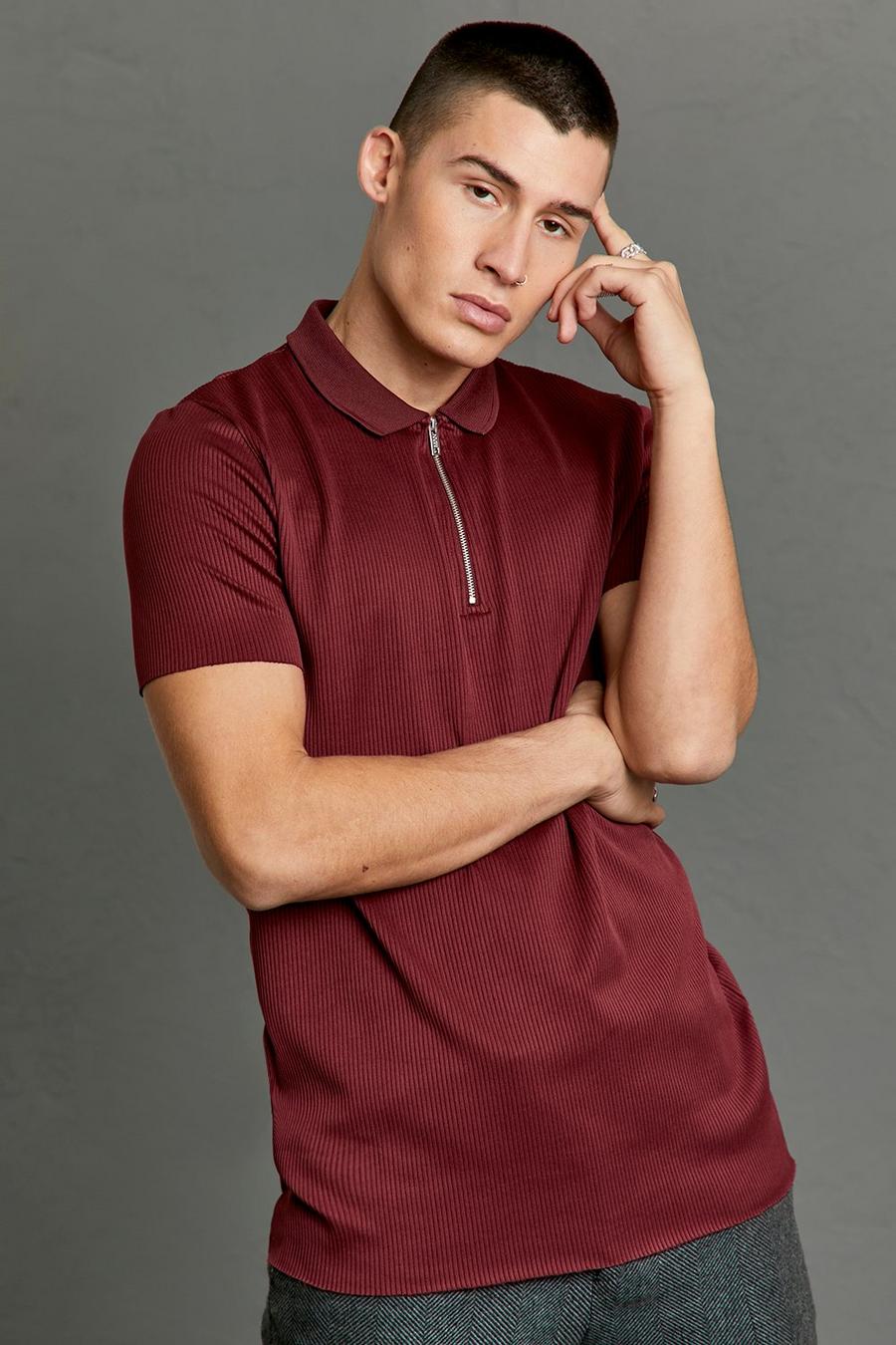Burgundy Slim Fit Pleated Zip Neck Polo image number 1