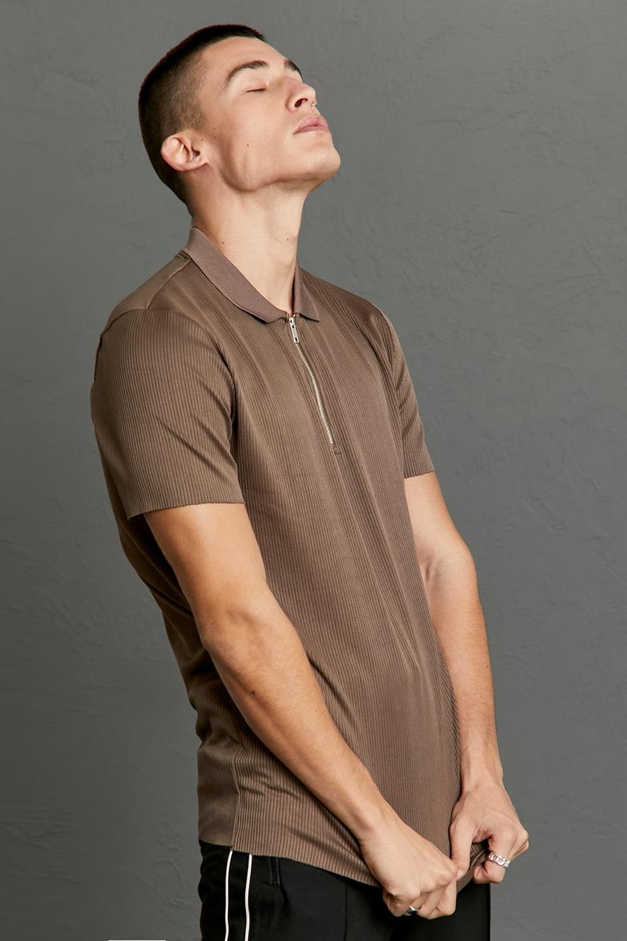 Chocolate Slim Fit Pleated Zip Neck Polo image number 1