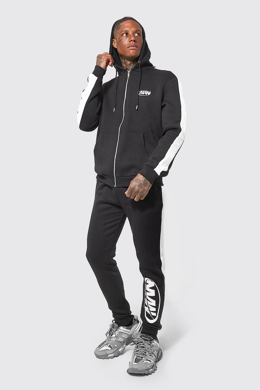 Black Man Zip Hooded Tracksuit With Panels image number 1