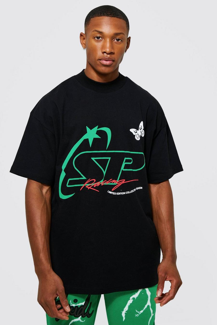 Black Oversized Extended Neck Racing Print T-shirt image number 1