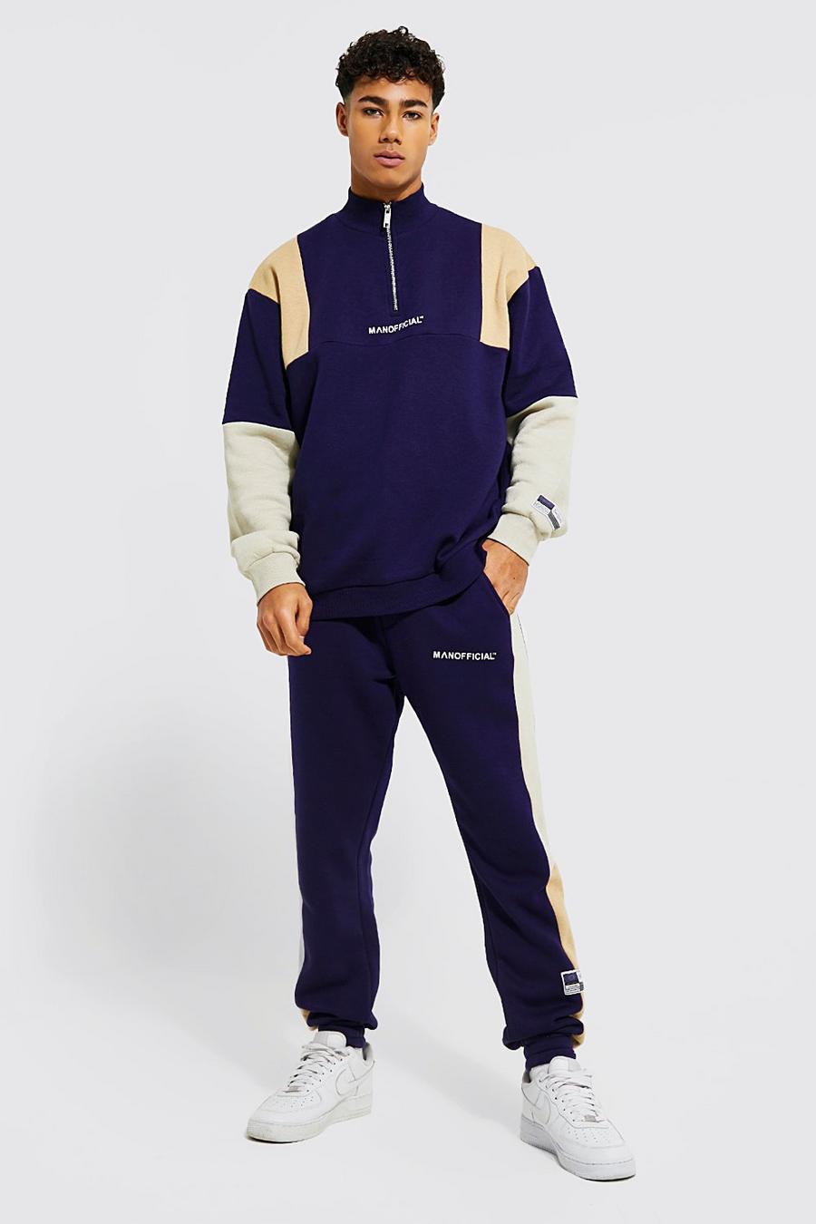 Navy Colour Block Half Zip Tracksuit image number 1