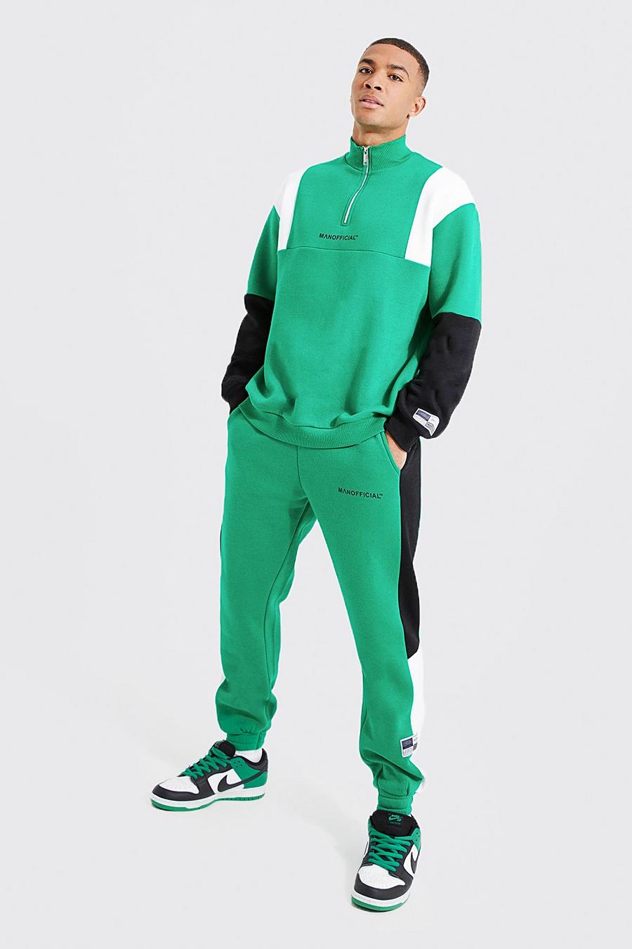 Green Loose Fit Colour Block Half Zip Tracksuit image number 1