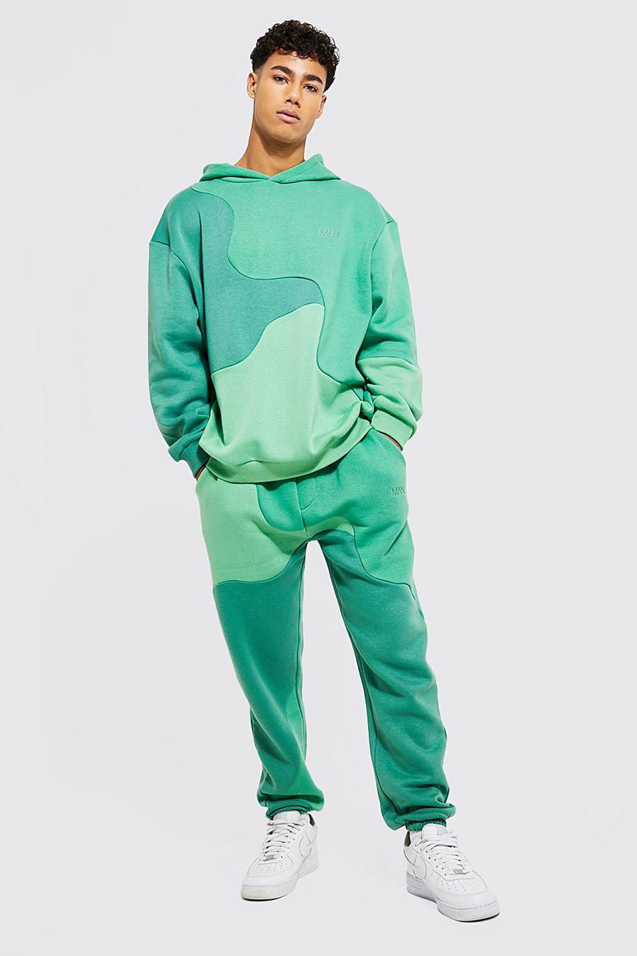 Green Oversized Man Curved Spliced Hooded Tracksuit image number 1