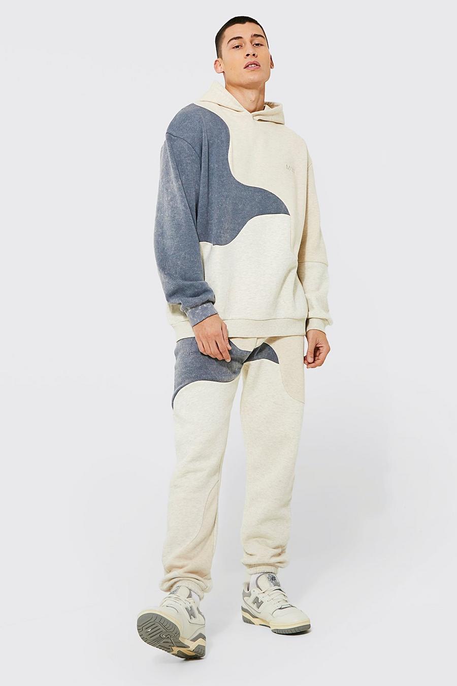 Ecru white Oversized Man Curved Spliced Hooded Tracksuit