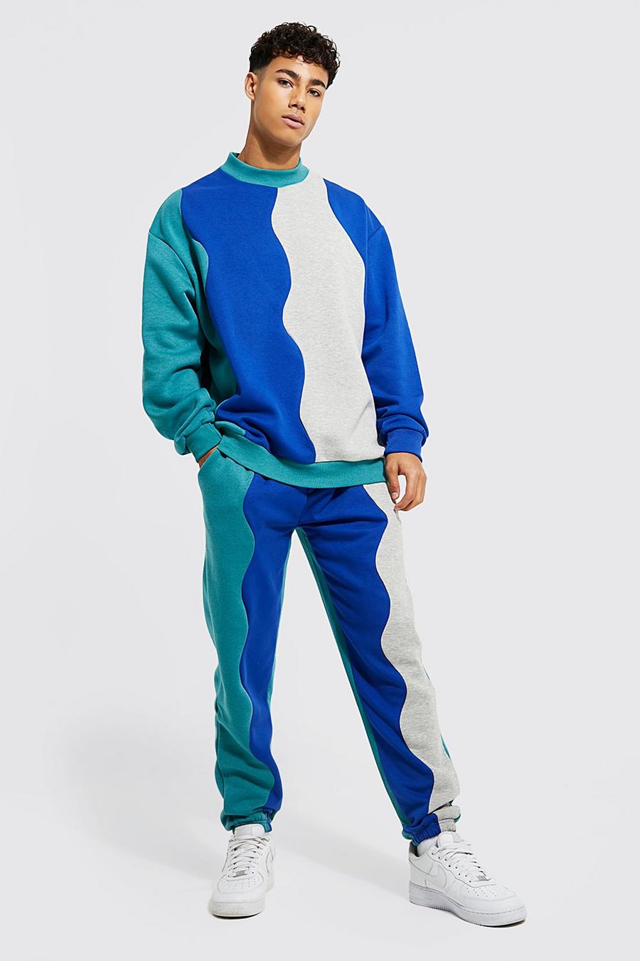 Blue Oversized Curved Spliced Sweater Tracksuit image number 1