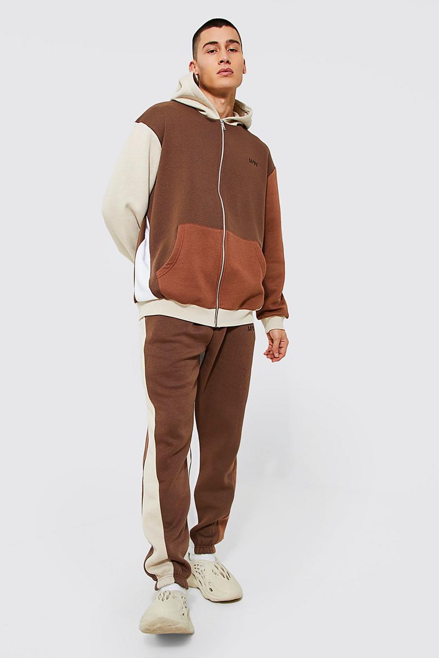 Brown Oversized Colour Block Zip Through Tracksuit image number 1