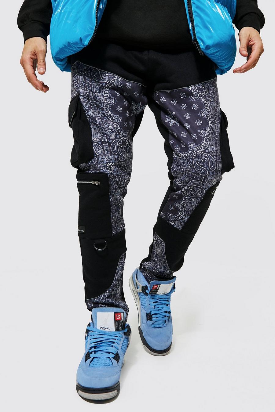 Black Tapered Bandana Cargo Jogger With Piping image number 1