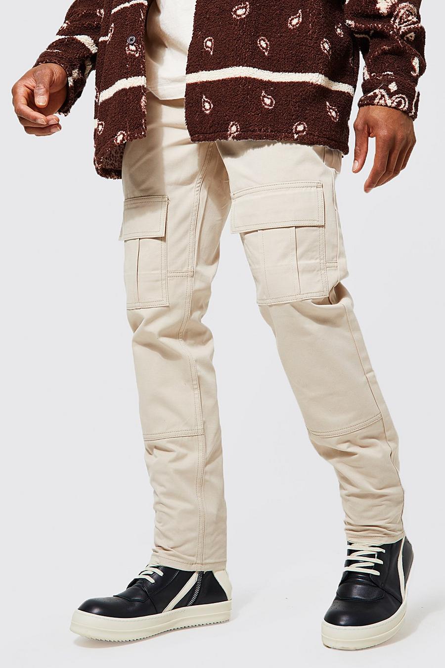 Stone Straight Leg Twill Cargo Trousers image number 1
