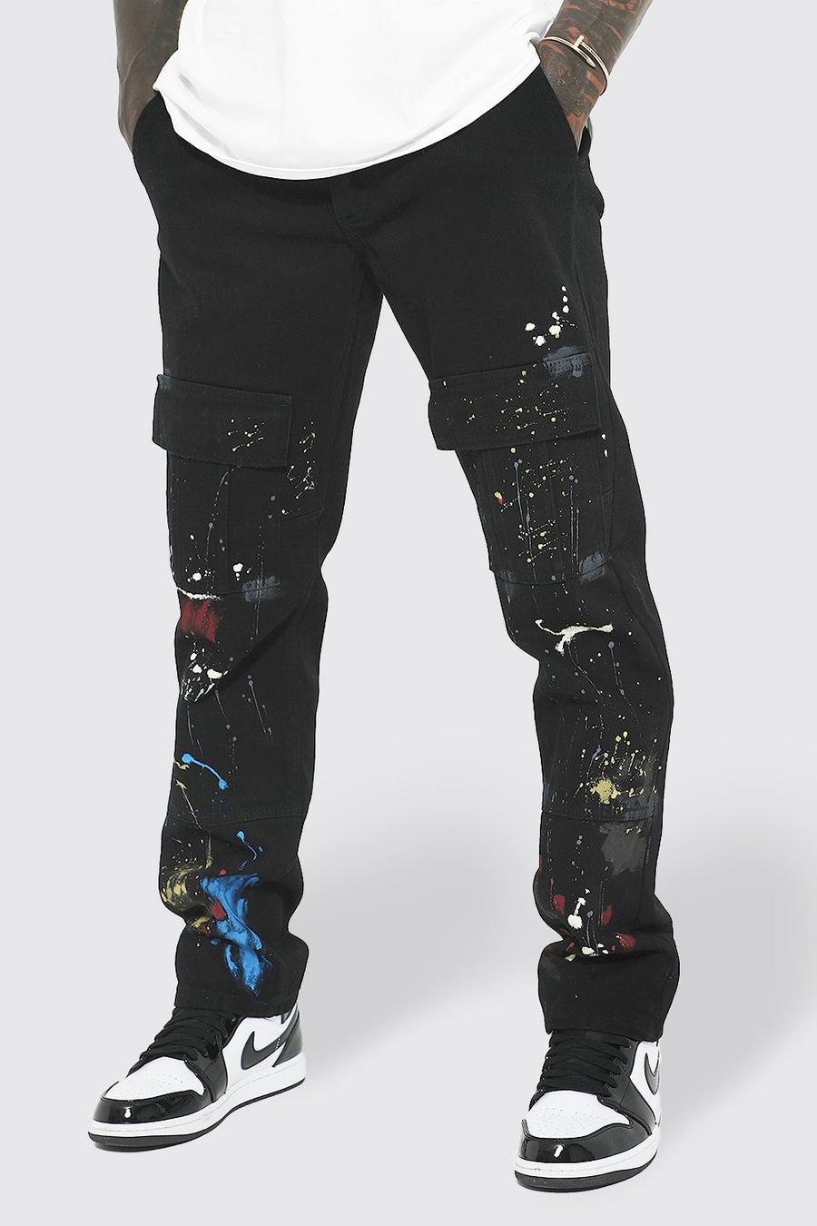 Black Elasticated Waist Straight Paint Cargo Trouser image number 1