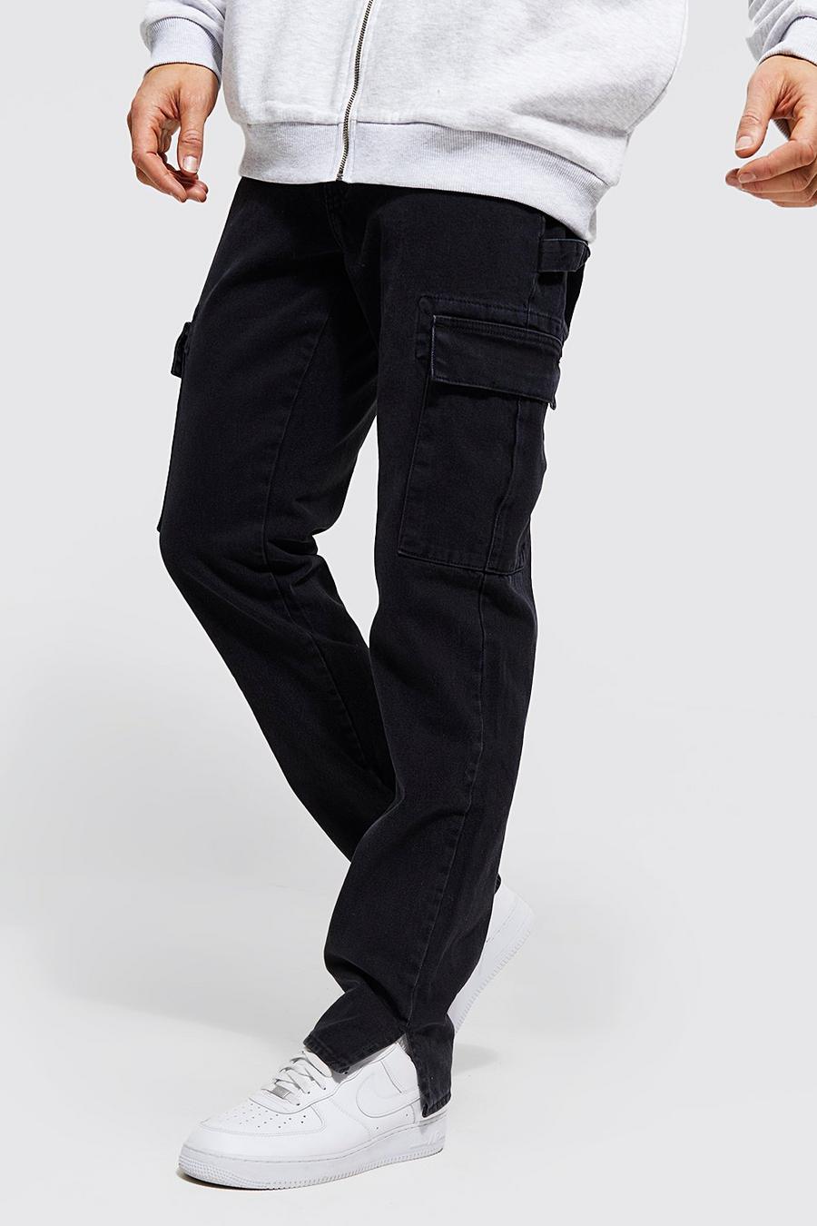 שטיפה כהה blue ג'ינס קרגו בגזרה ישרה עם רוכסן בצד ומכפלת לגברים גבוהים image number 1