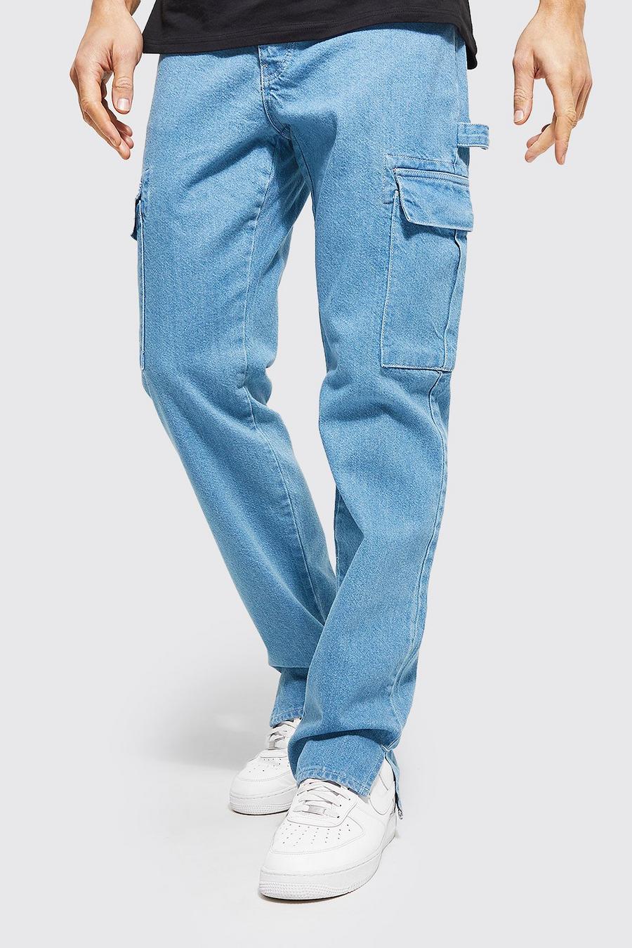 כחול עתיק ג'ינס קרגו בגזרה ישרה עם רוכסן בצד ומכפלת לגברים גבוהים image number 1