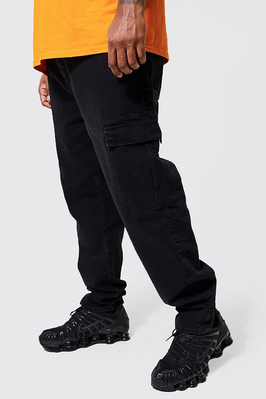 Jeans Cargo Plus Size da lavoro con gamba sottile, Dark wash azzurro