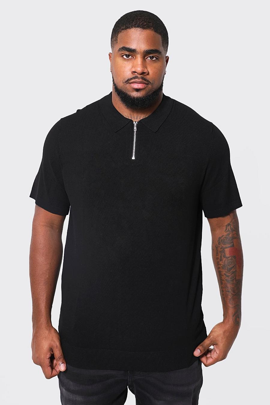 Black Plus Short Sleeve Half Zip Knitted Polo image number 1