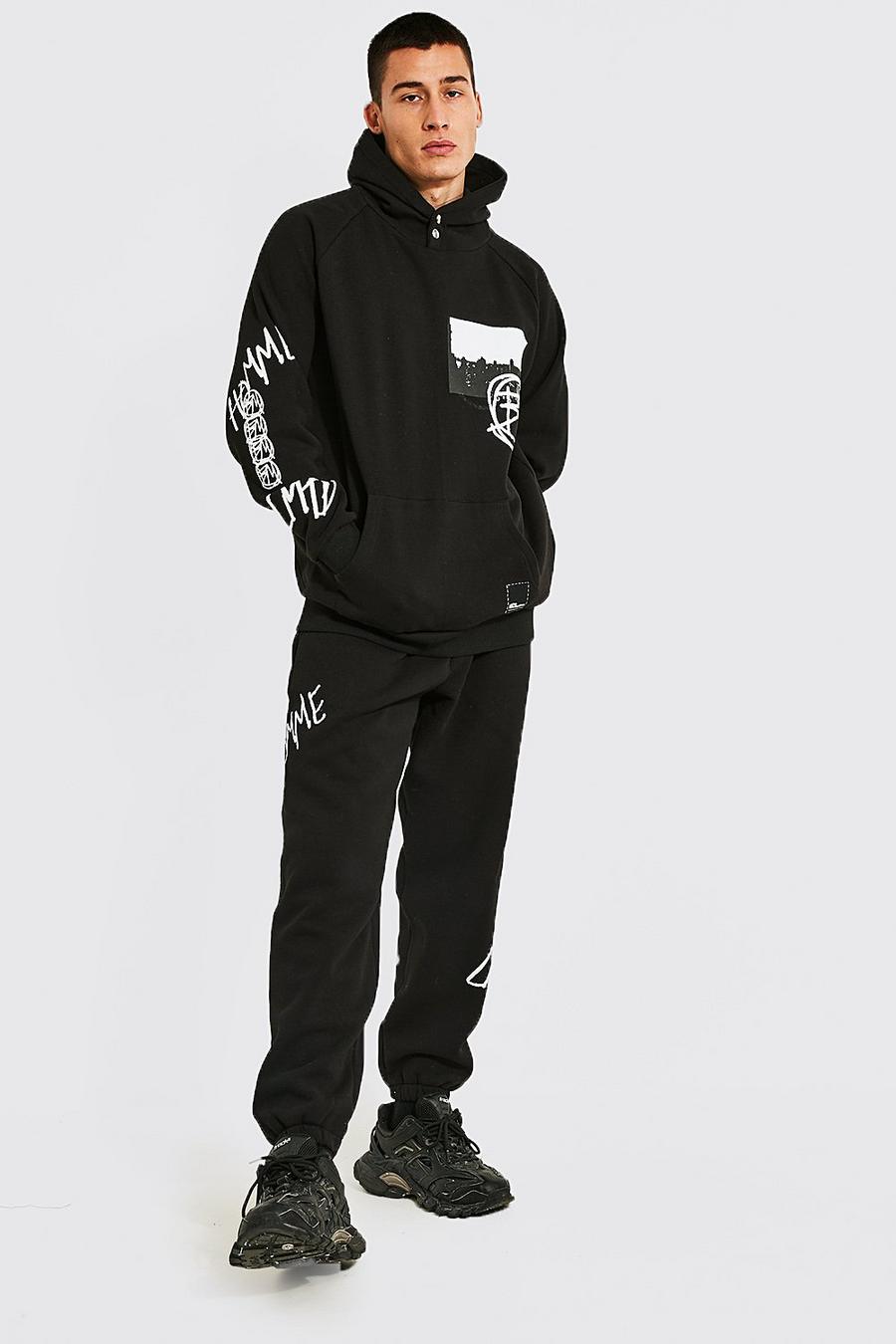 Black Oversized Homme Graphic Raglan Tracksuit image number 1