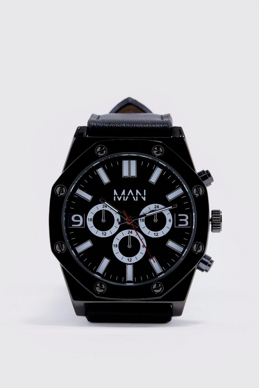 Black שעון עם לוח מתכתי וכיתוב Man חצוי image number 1