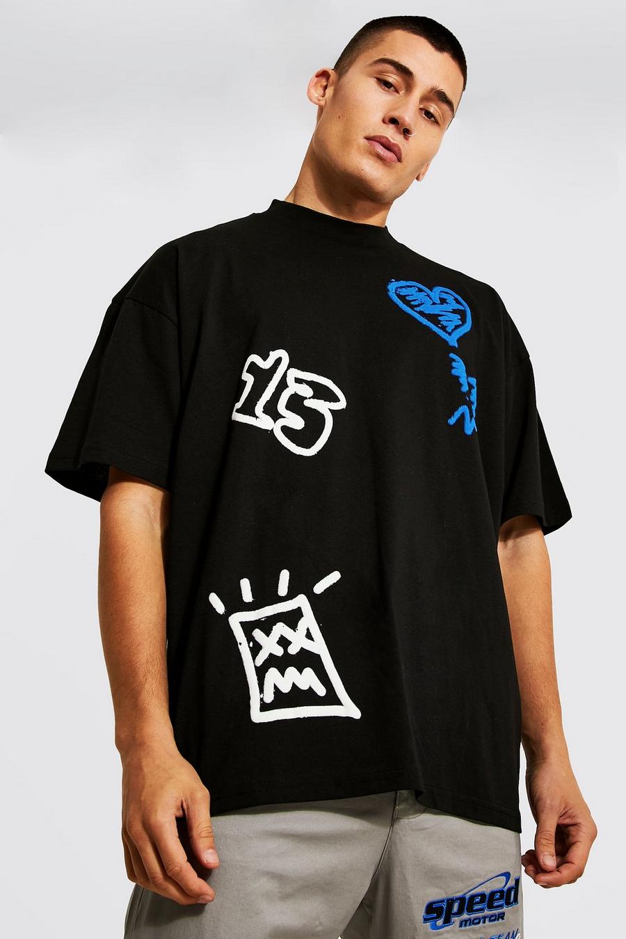 Black Oversized Graffiti Extended Neck T-shirt image number 1