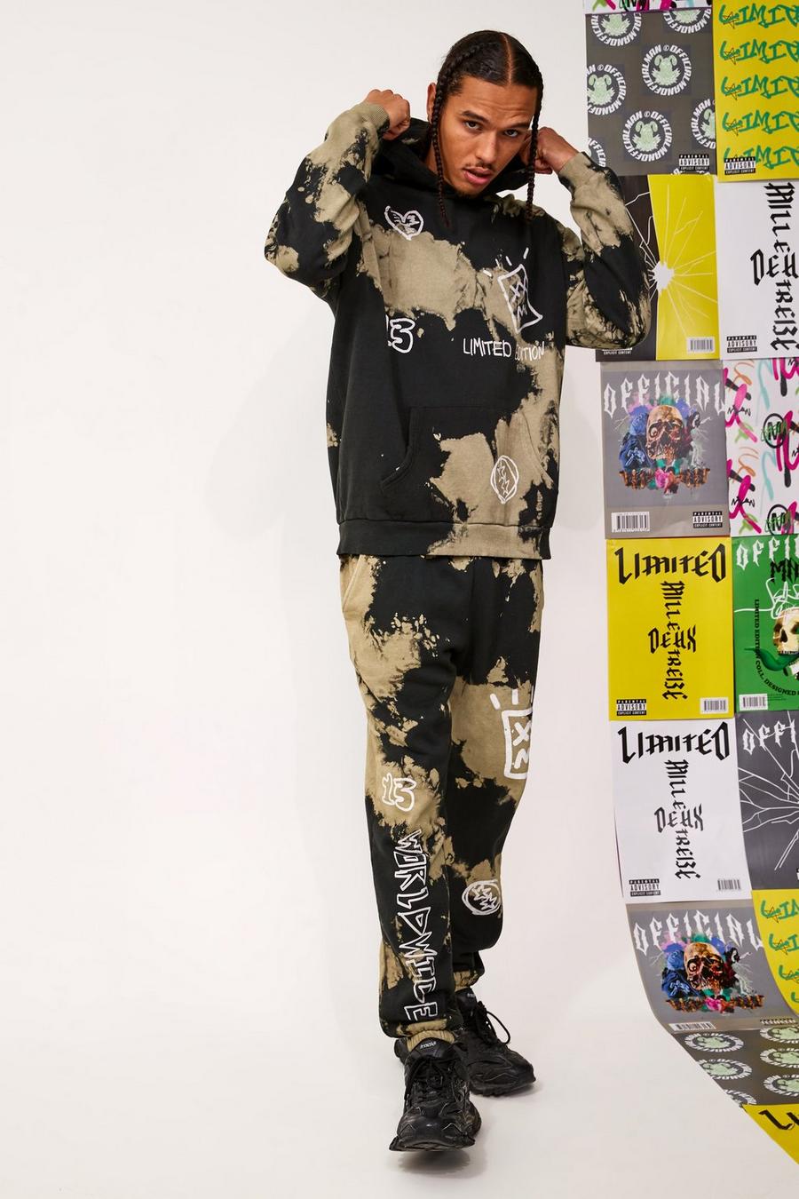 Chándal con capucha y desteñido anudado con estampado de grafiti, Black image number 1
