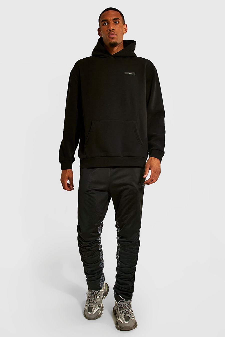 Black Tall Contrast Panel Ruched Hooded Tracksuit image number 1