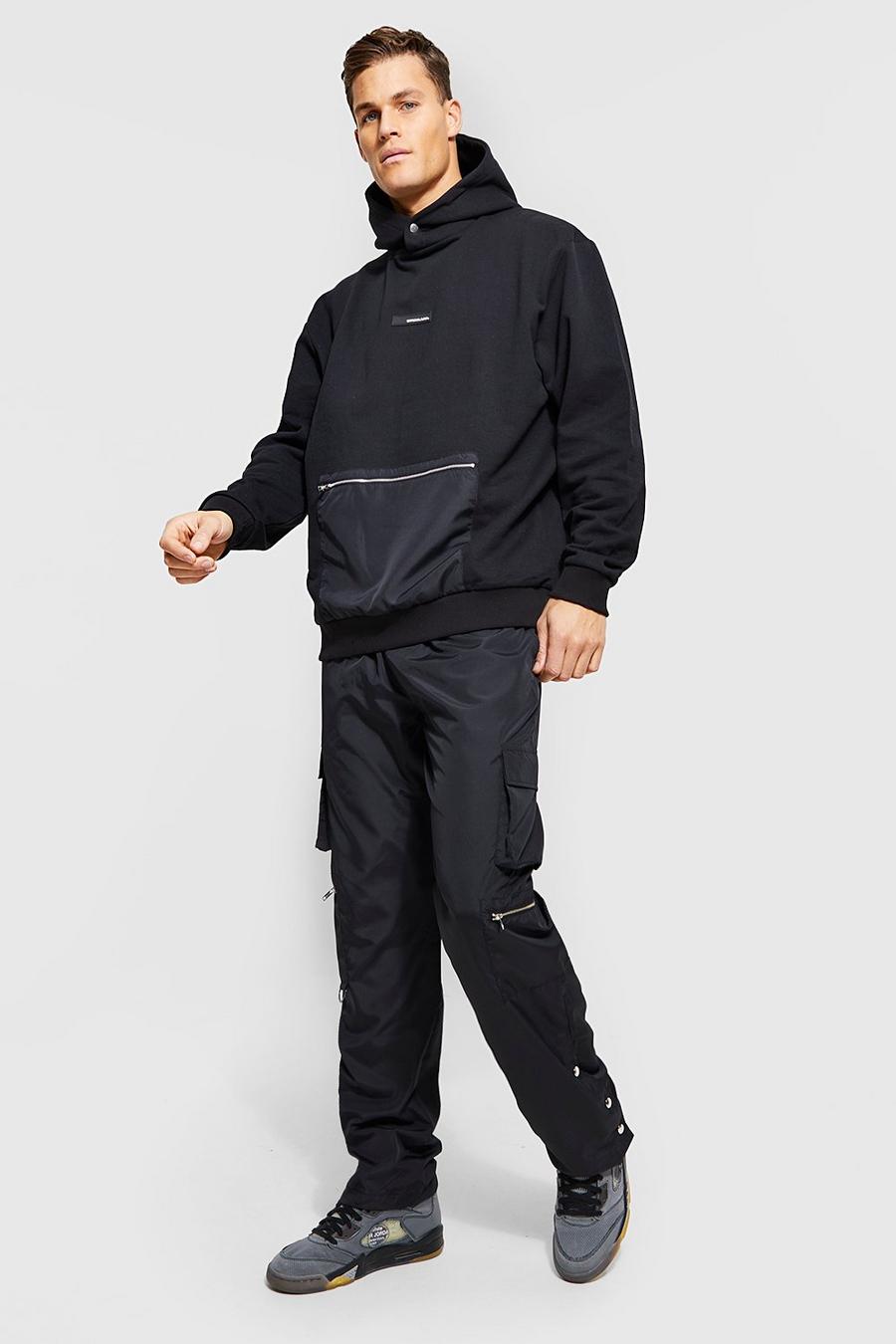 Black Tall Oversized Cargo Shell Hooded Tracksuit image number 1