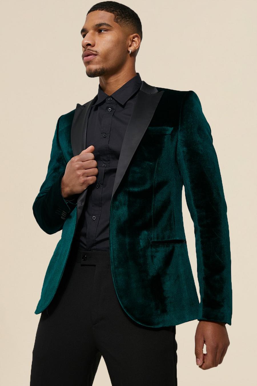 Blazer Tall Skinny Fit in velours con bavero in raso, Forest image number 1