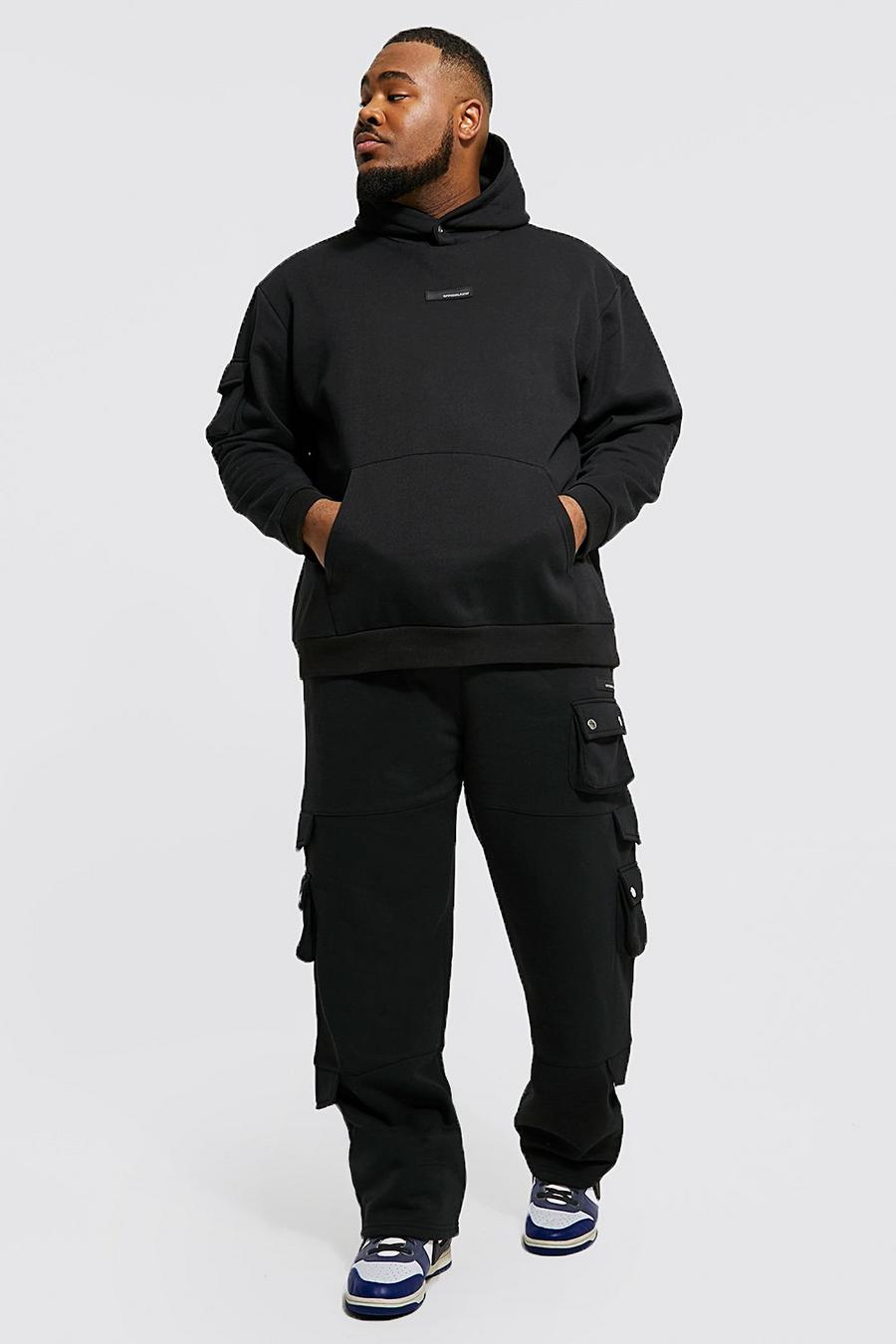 Black Plus Loose Cargo Hooded Contrast Tracksuit image number 1