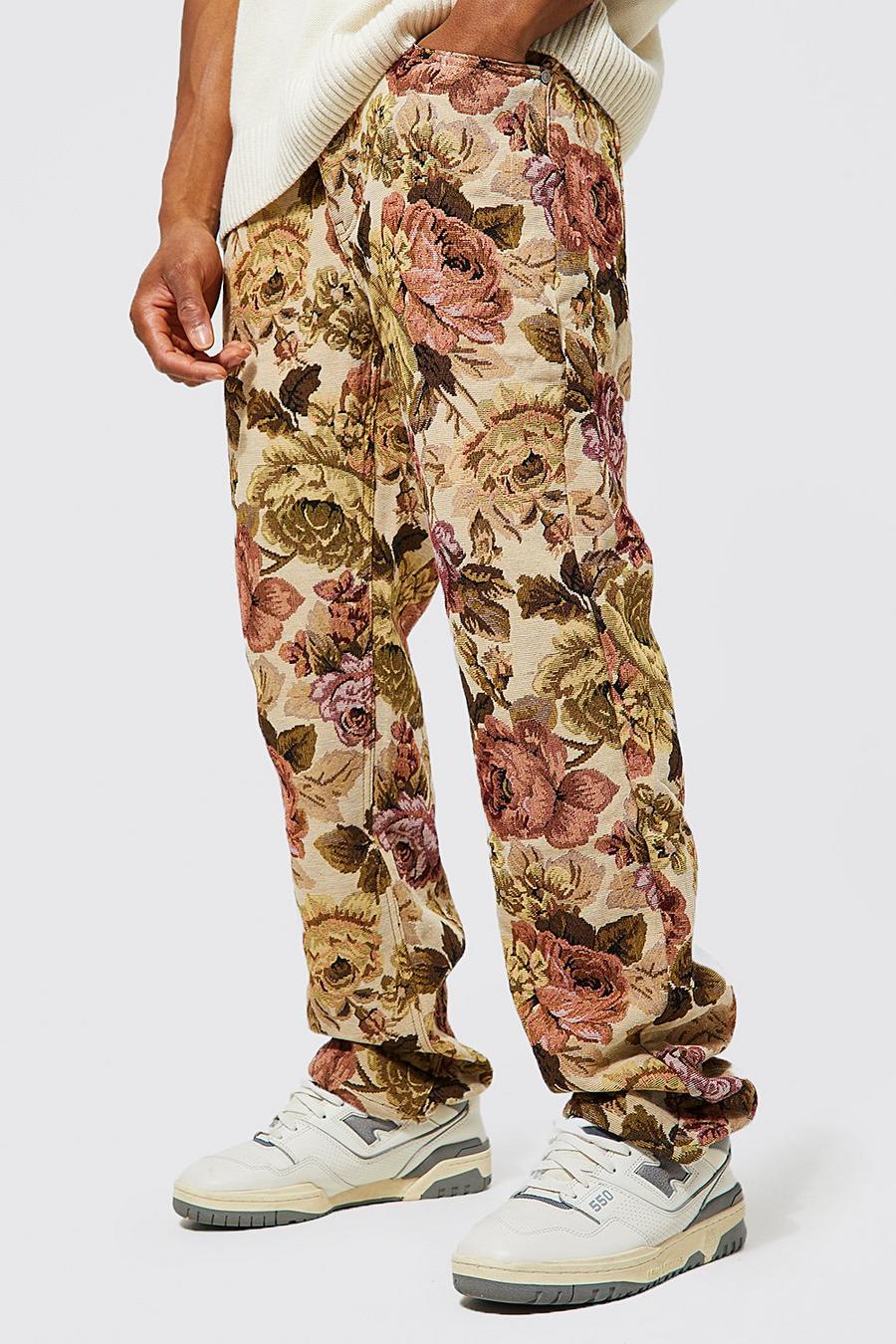 Sand beige Relaxed Fit Floral Tapestry Jeans image number 1