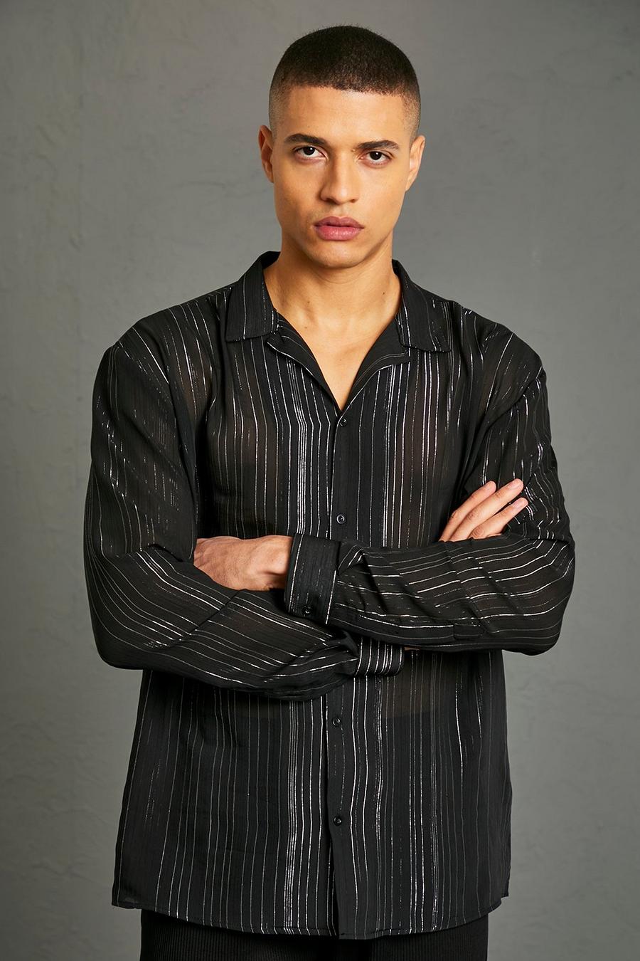 Langärmliges Oversize Hemd mit Metallic-Streifen, Black image number 1