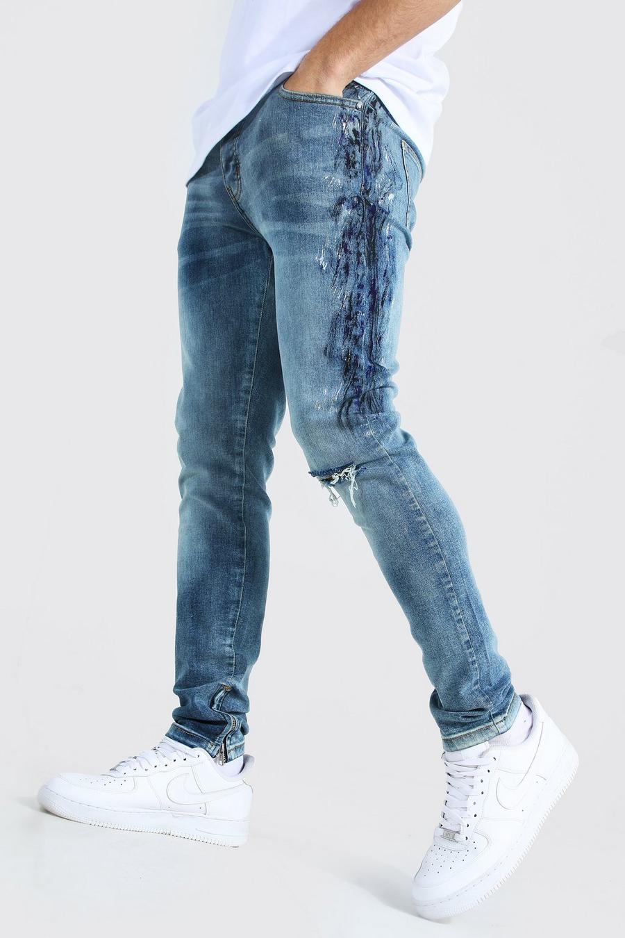 Mid blue blå Skinny Stretch Paint Detail Jeans image number 1