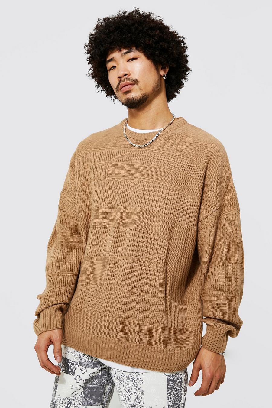 Camel Oversized Mixed Stitch Knitted Jumper image number 1