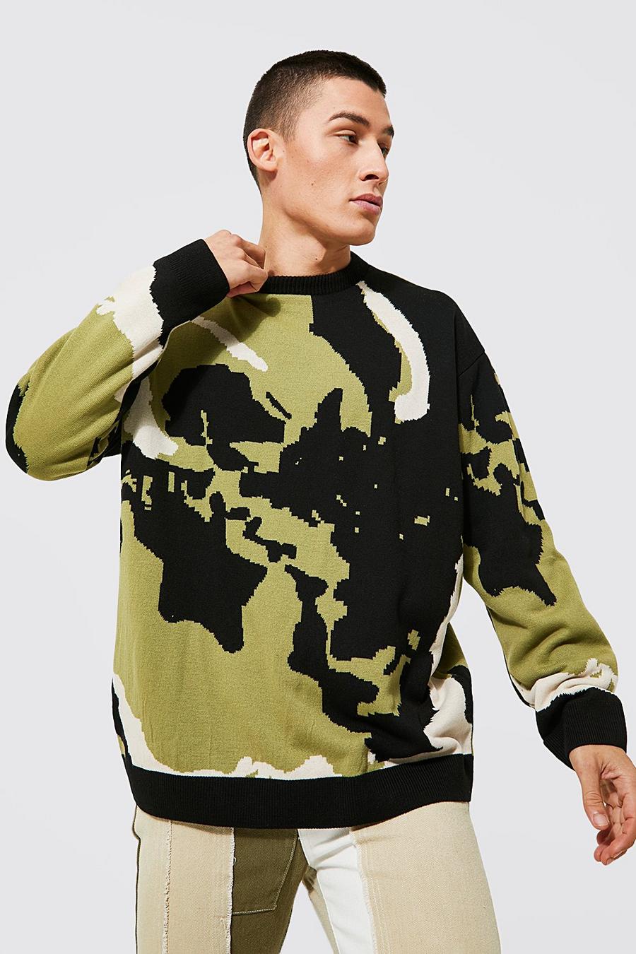 Khaki Oversized Abstract Camo Knitted Jumper image number 1