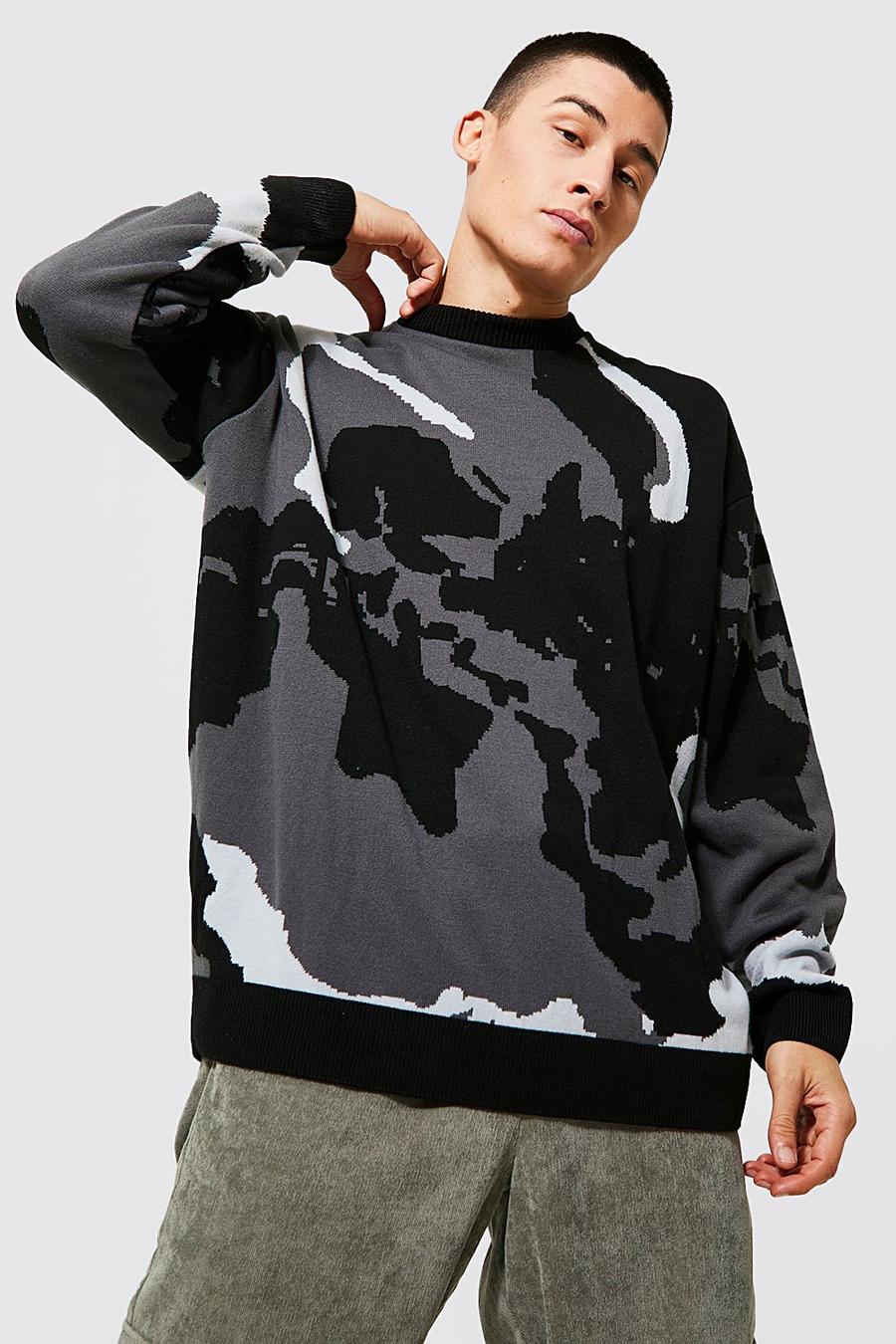 Charcoal Oversized Abstract Camo Knitted Jumper image number 1