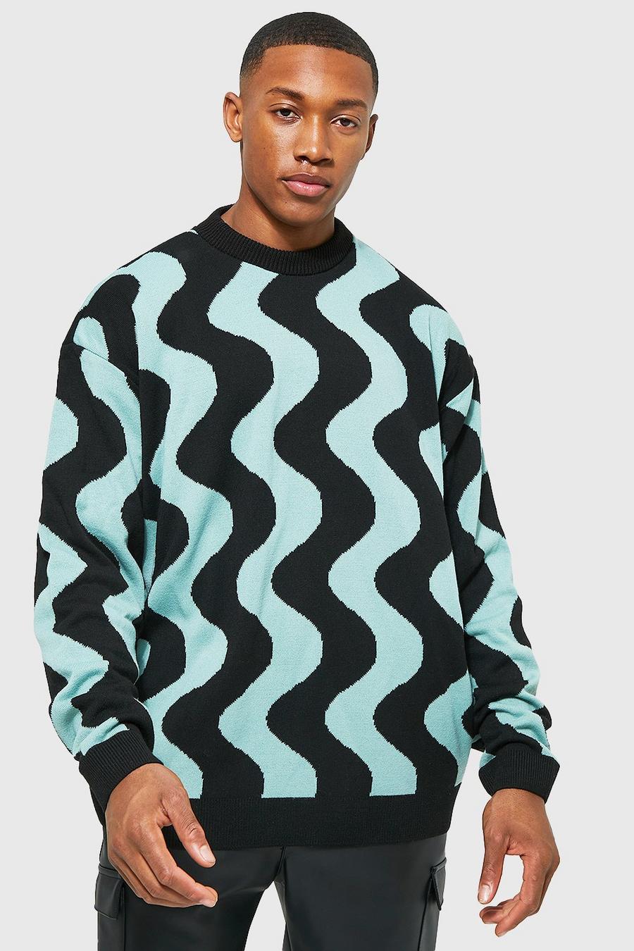 Black Oversized Wave Jacquard Knitted Jumper image number 1