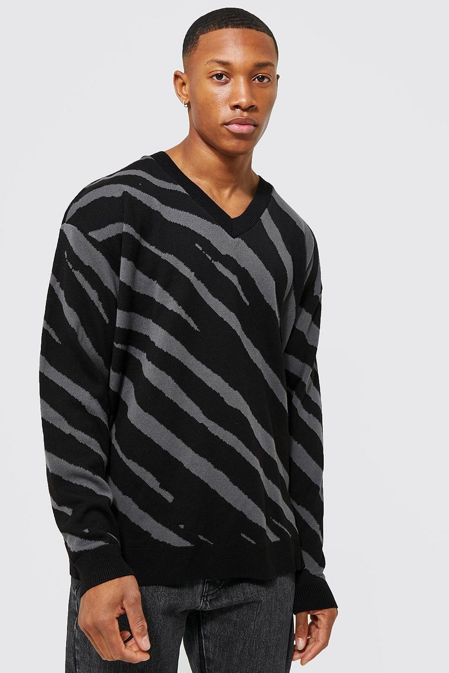 Black Oversized V Neck Zebra Knitted Jumper image number 1