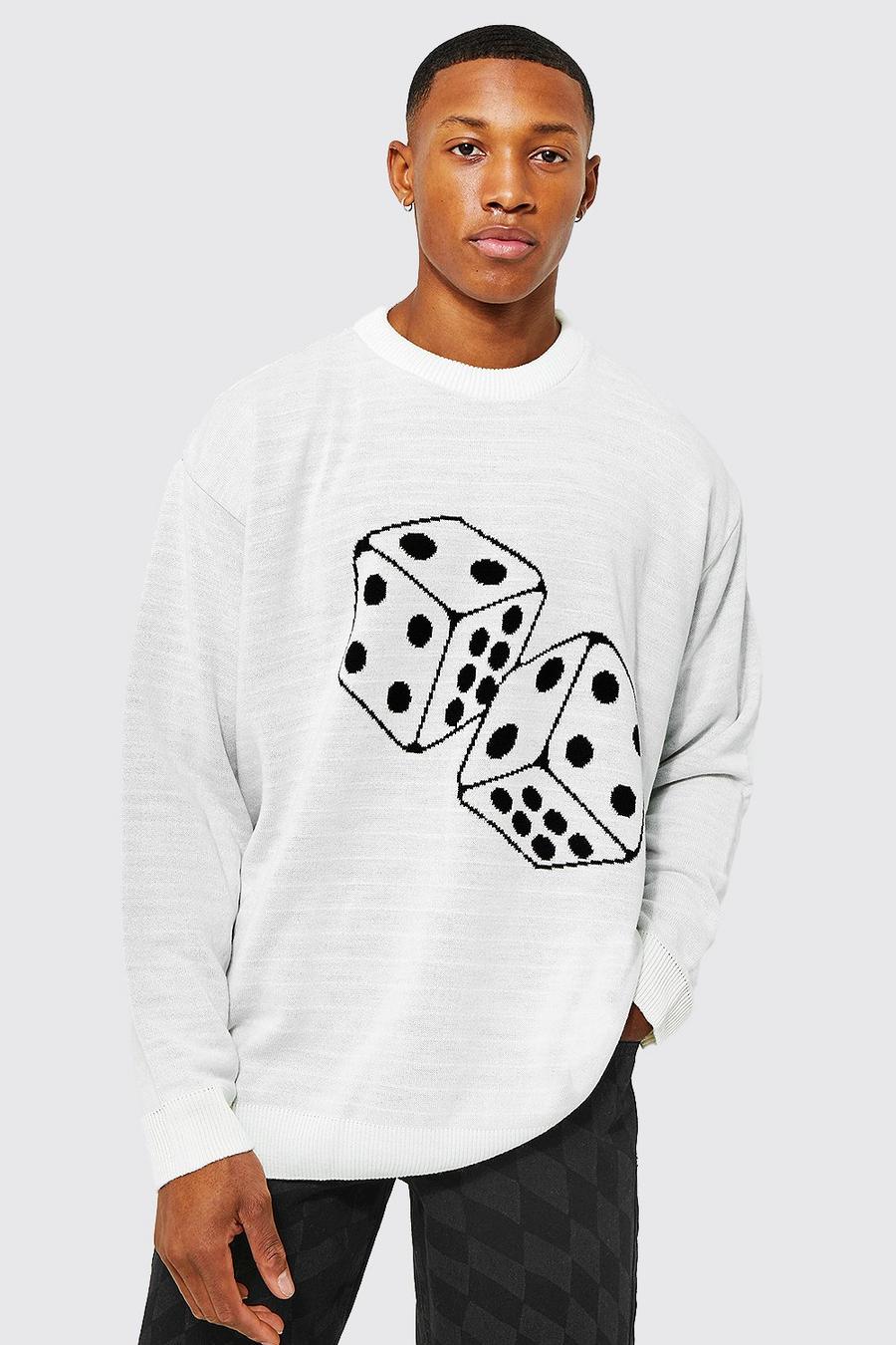 Cream Oversized Dice Graphic Knitted Jumper image number 1