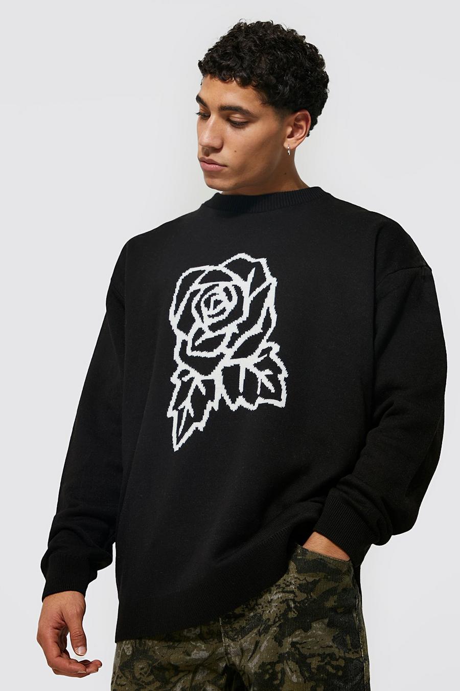 Black Oversized Rose Graphic Knitted Jumper image number 1