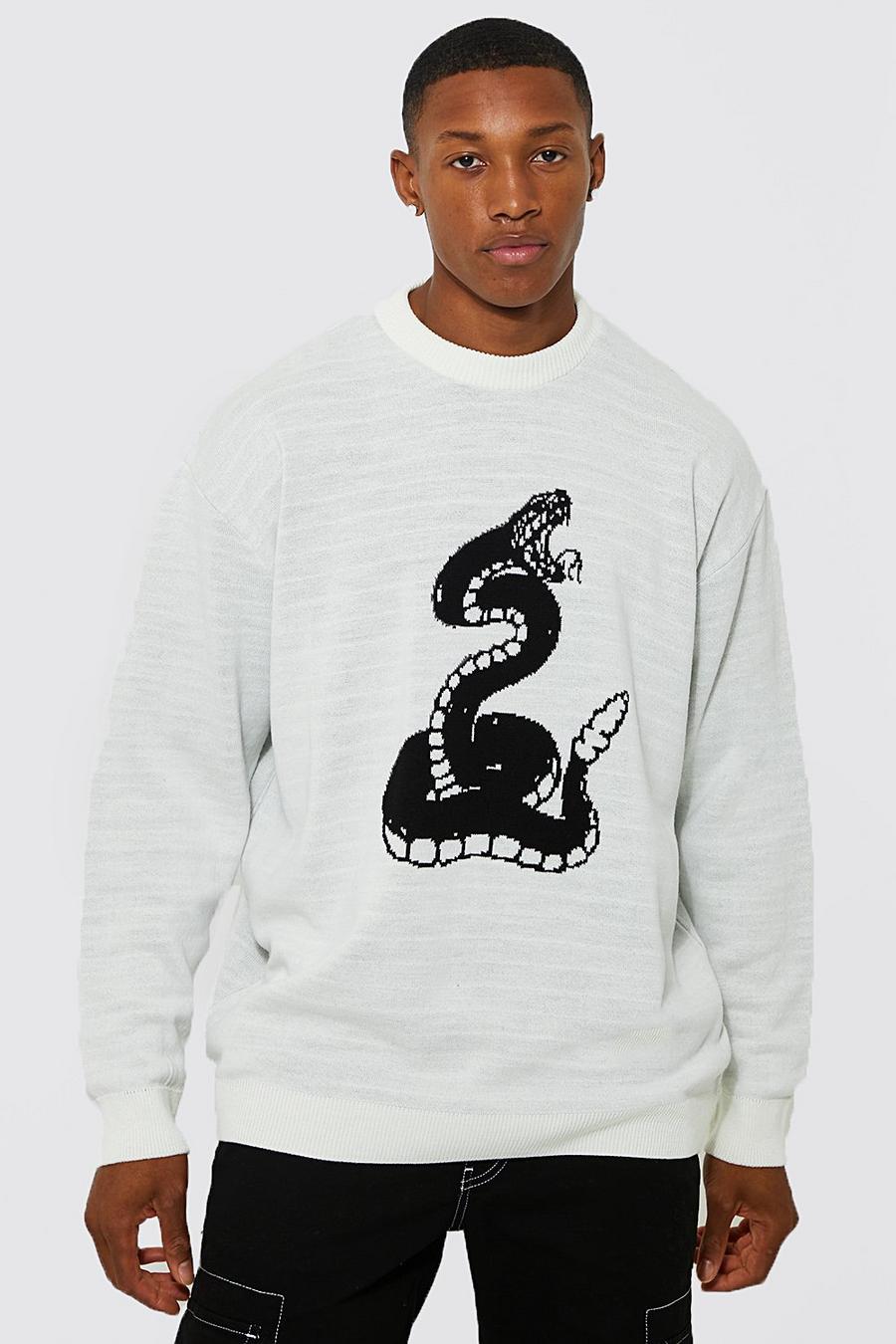 Cream Oversized Snake Graphic Knitted Jumper image number 1