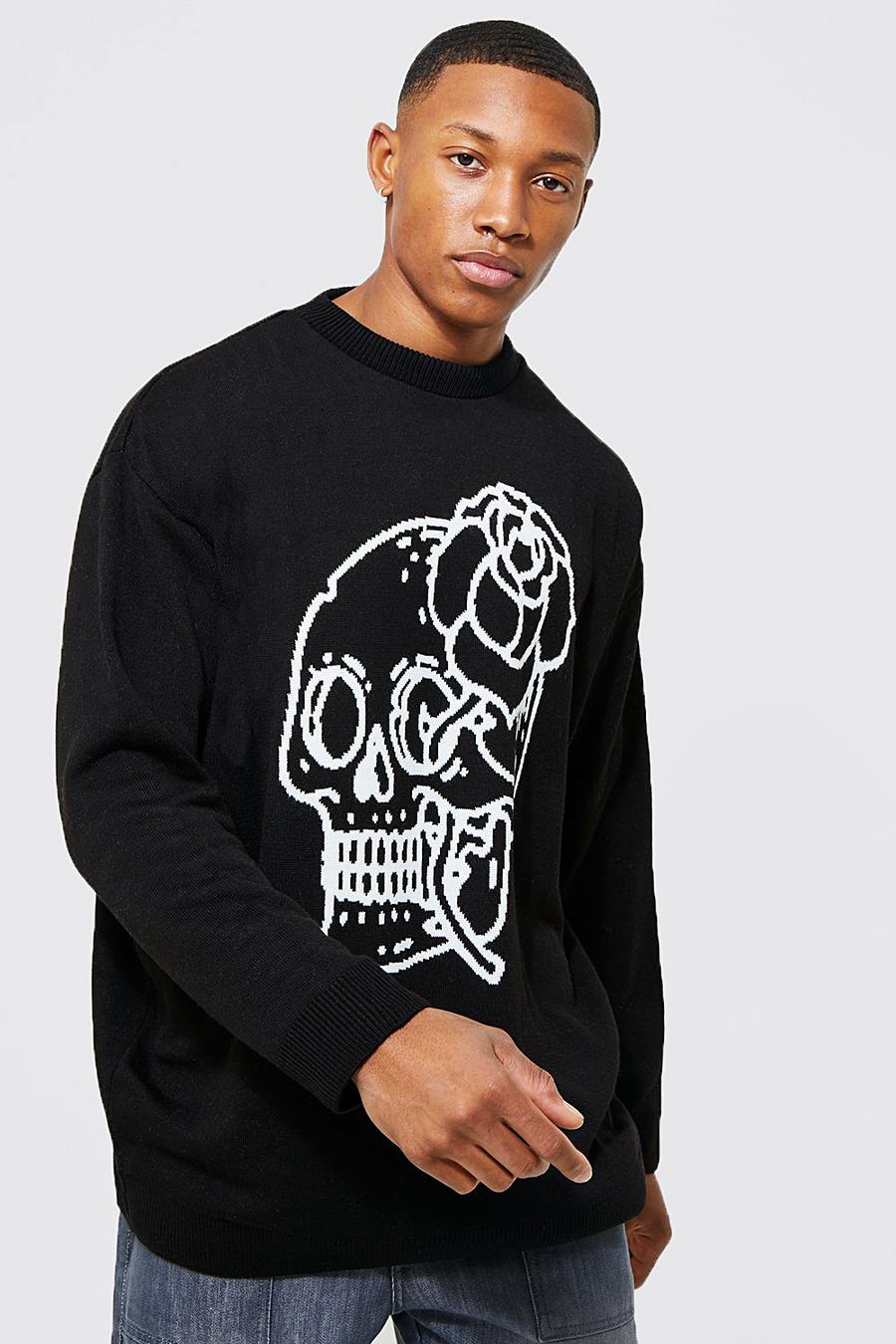 Black Oversized Skull Graphic Knitted Jumper image number 1