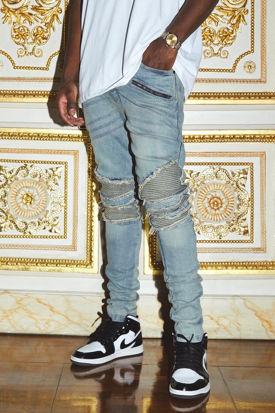 Jeans Biker Skinny Fit effetto smagliato con zip e pieghe sul fondo, Antique blue image number 1