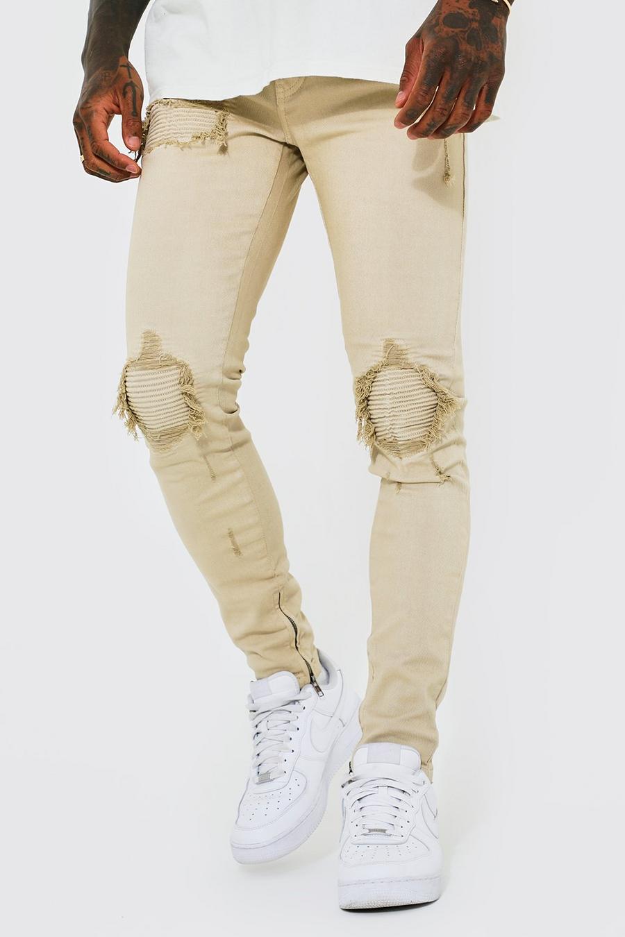 Stone beige Skinny Rigid Distressed Knee Biker Jeans