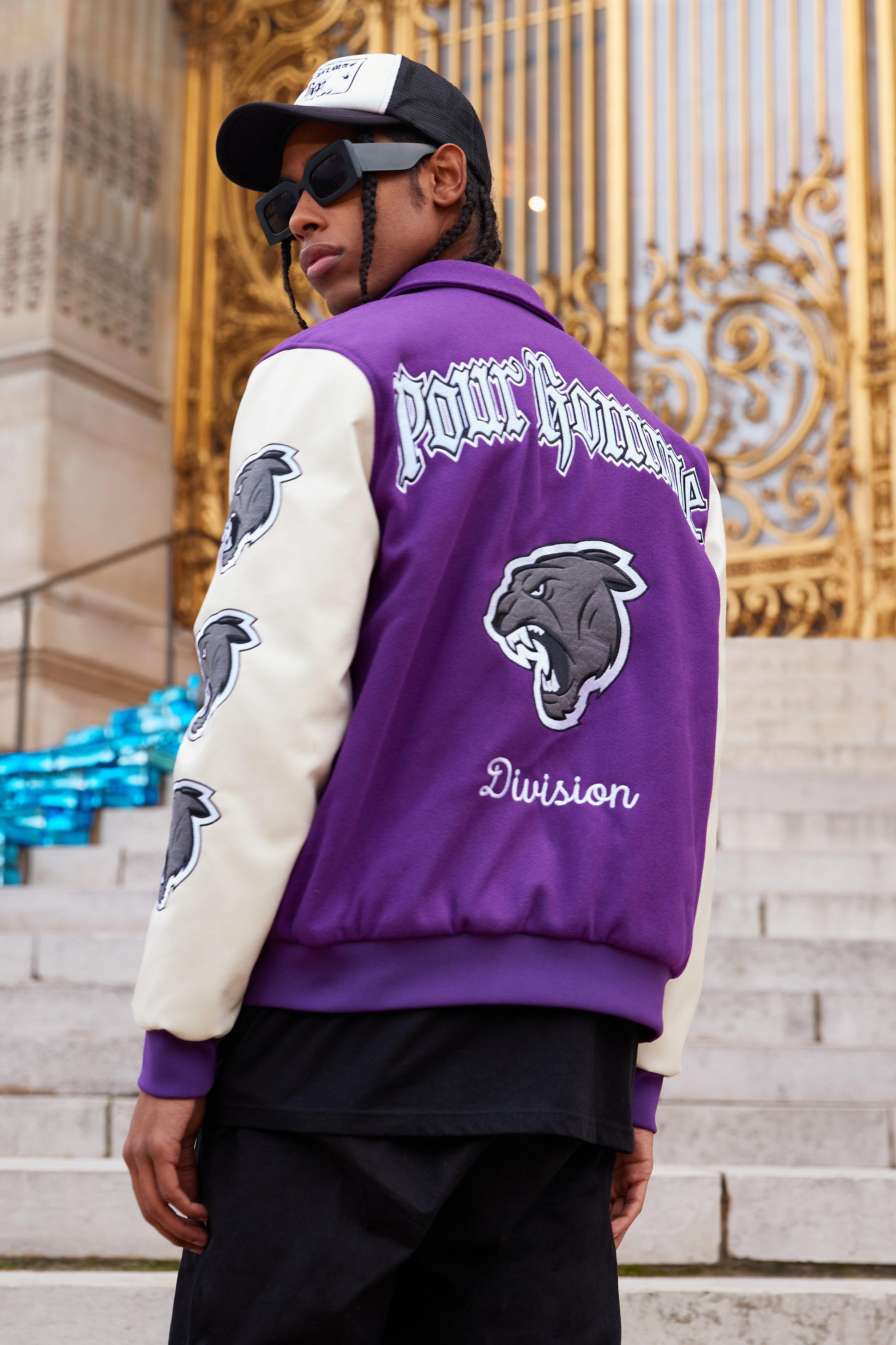 boohoo Mens Purple Back Wolf Detail Varsity Jacket - ShopStyle