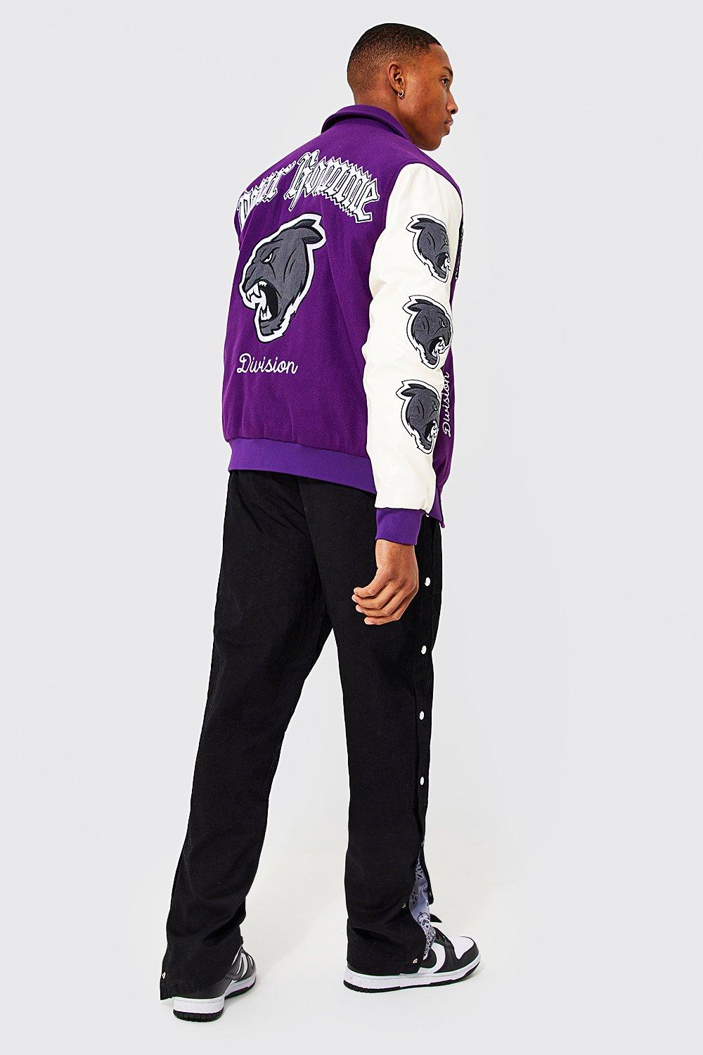 boohoo Mens Purple Back Wolf Detail Varsity Jacket - ShopStyle