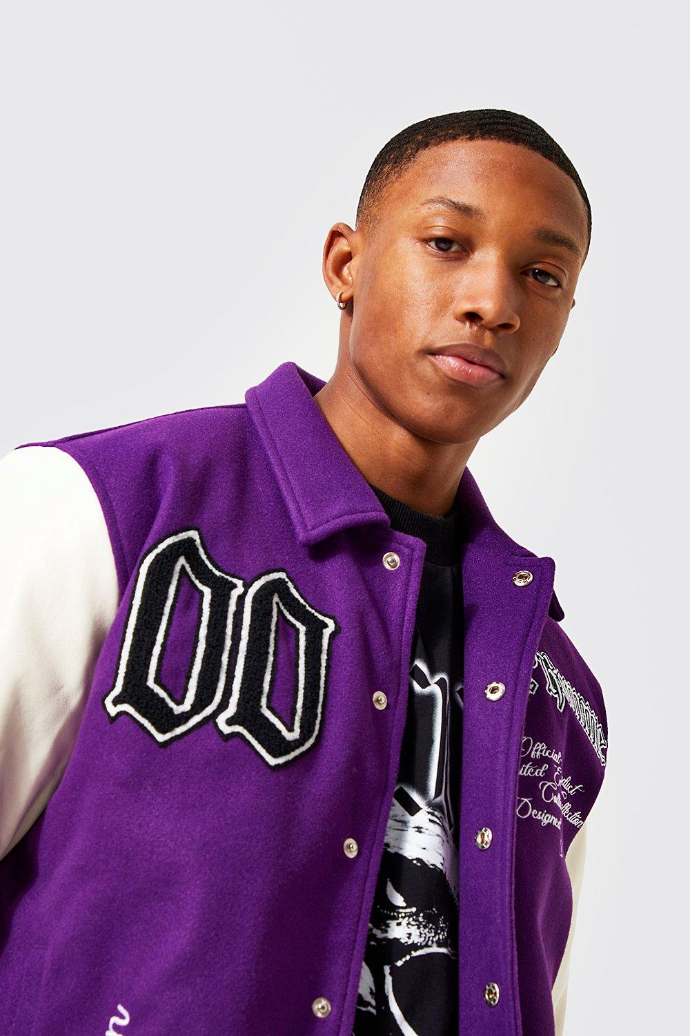 boohoo Mens Purple Back Wolf Detail Varsity Jacket - ShopStyle