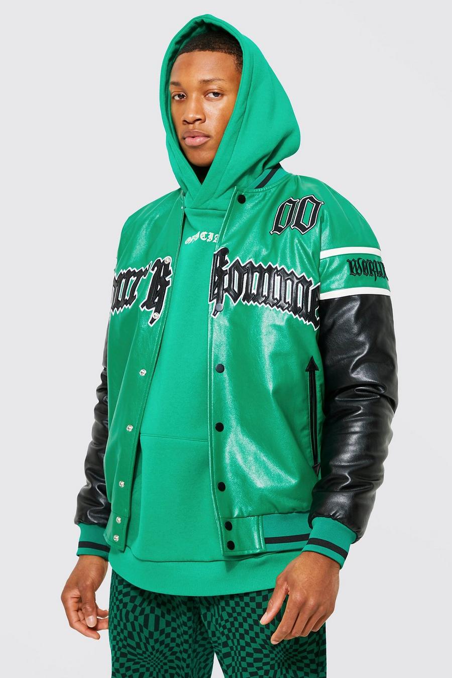 Green Faux Leather Pour Homme Varsity Jacket image number 1