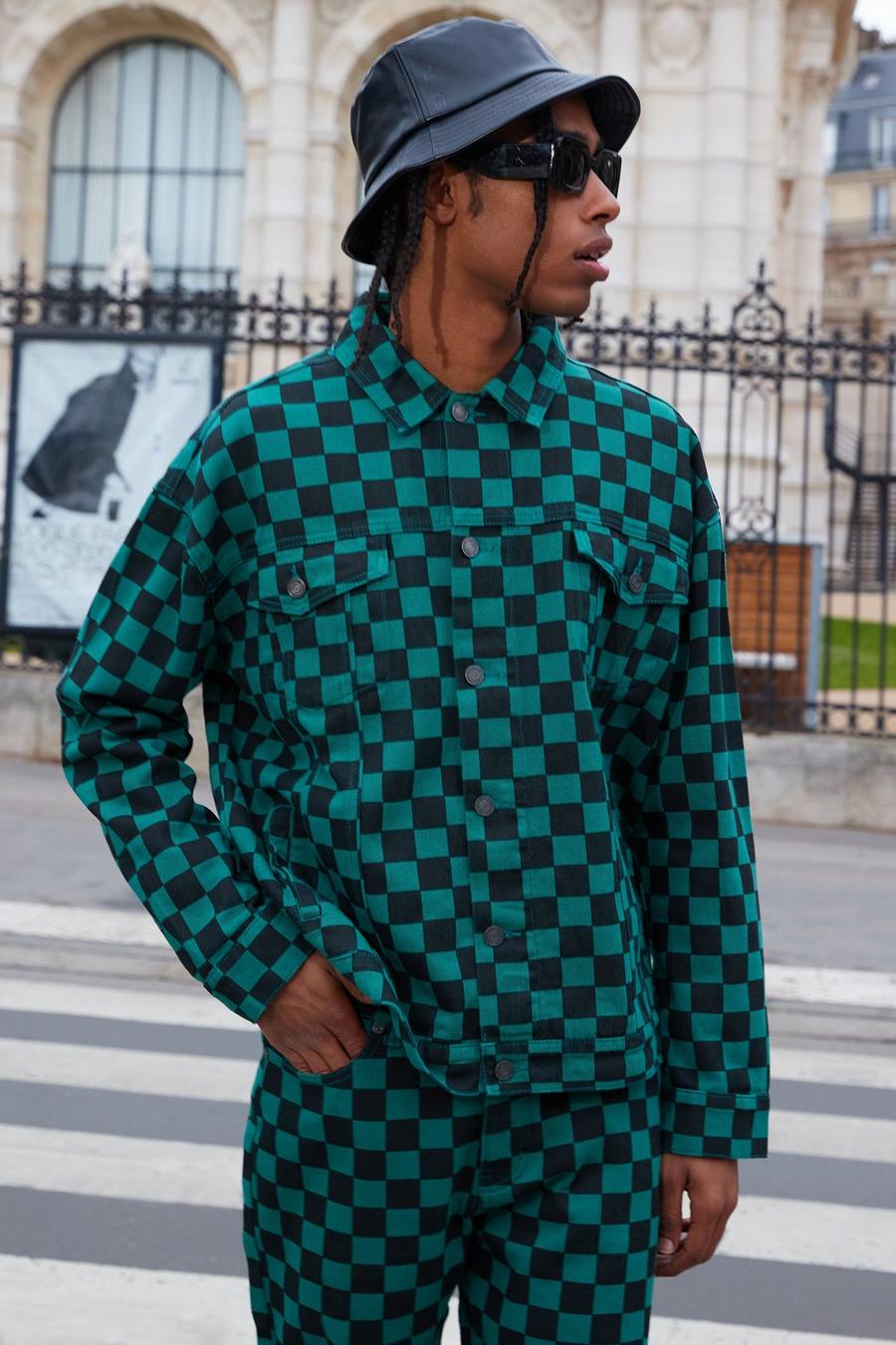 Dark green gerde Oversized Checkerboard Denim Jacket