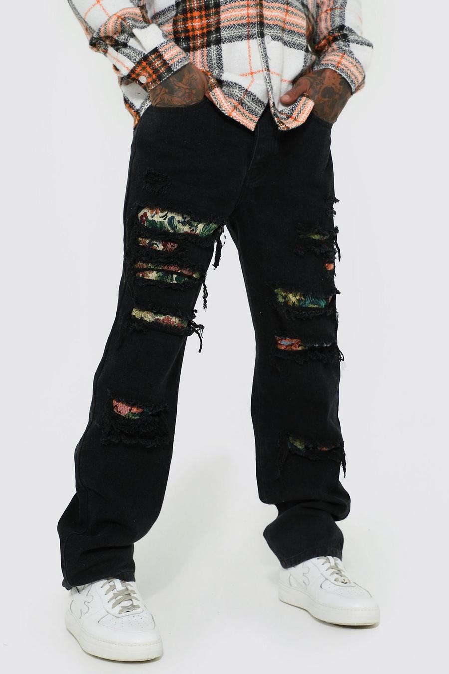 Black svart Relaxed Fit Tapestry Rip & Repair Jeans image number 1