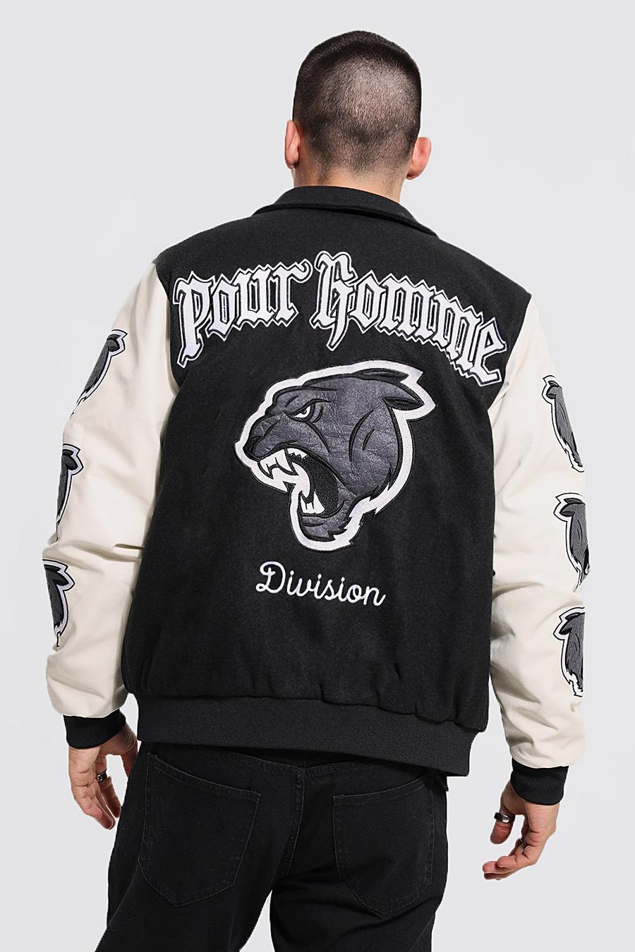 Black Back Wolf Detail Varsity Jacket image number 1