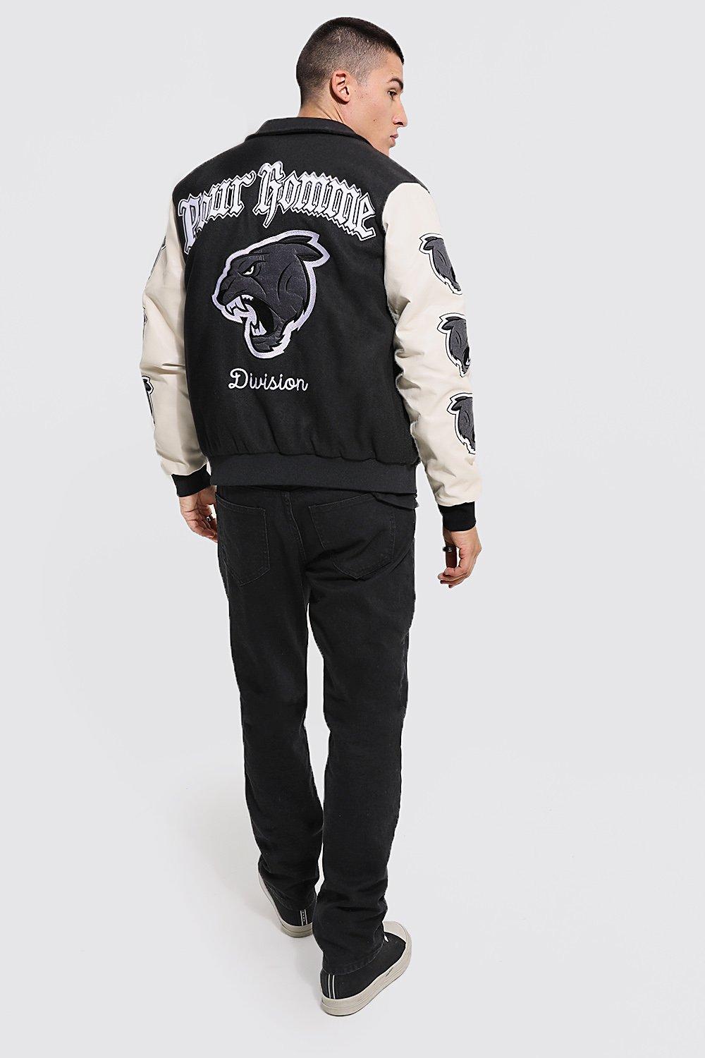 Back Wolf Detail Varsity Jacket | boohoo USA Back Wolf Detail Varsity Jacket | boohoo USA