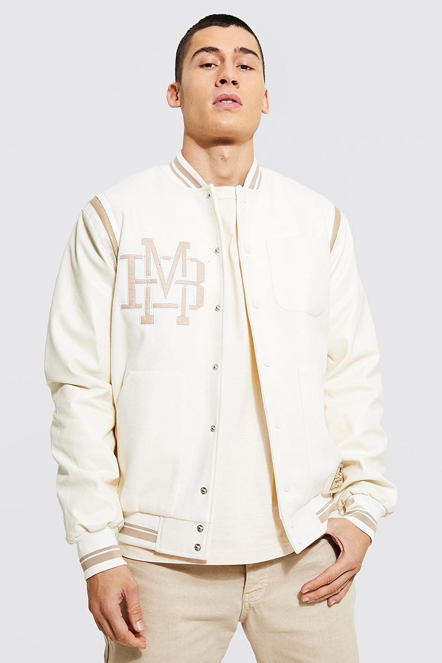 Ecru white Bm Chest Pocket Varsity Jacket