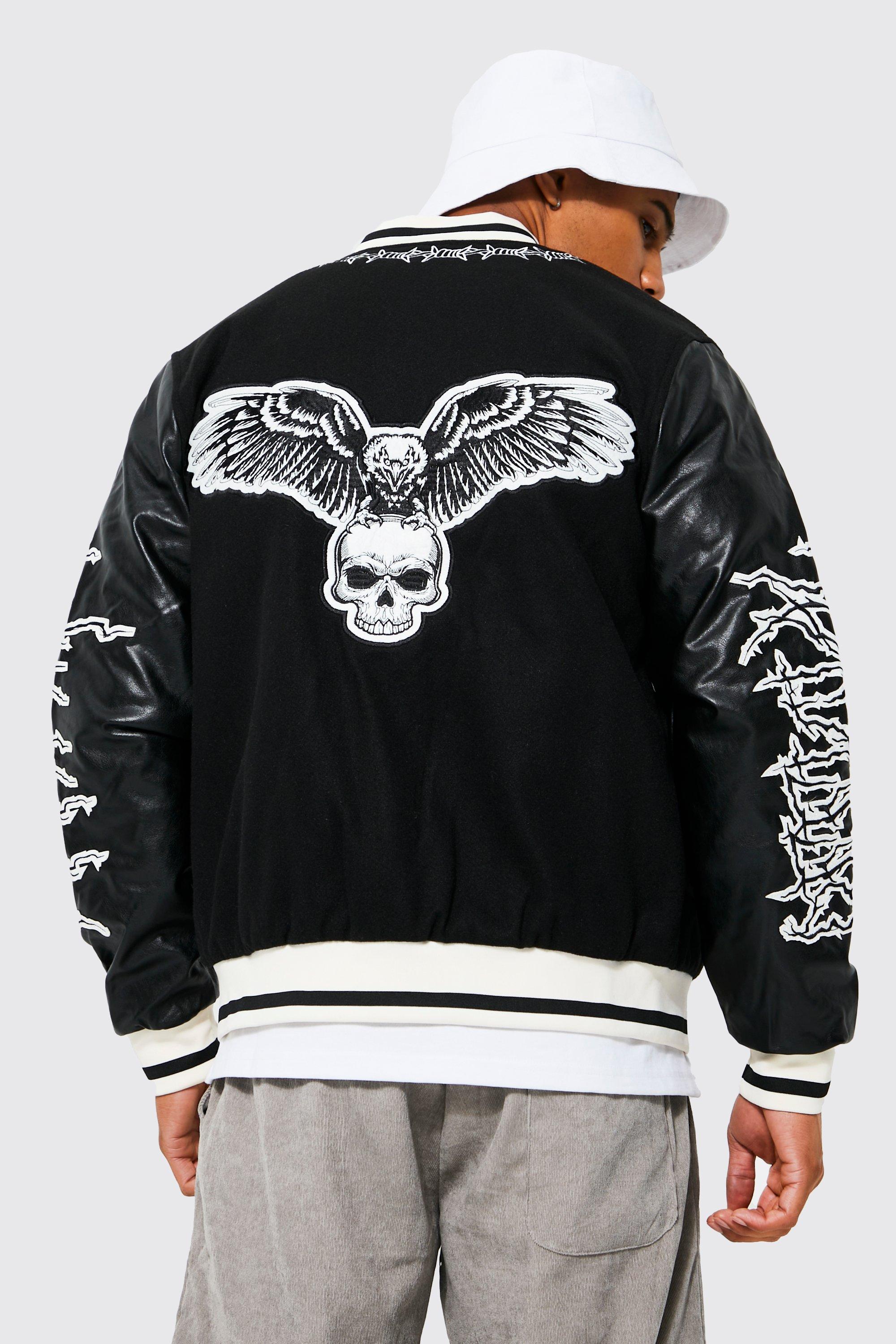 Gothic Eagle Back Detail Varsity Jacket | boohoo