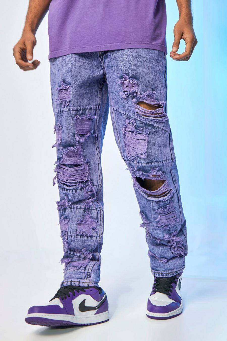 Purple Relaxed Fit Overdye Trashed Jeans image number 1